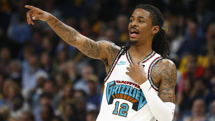 Apr 18, 2025; Memphis, Tennessee, USA; Memphis Grizzlies guard Ja Morant (12) reacts during the second quarter against the Dallas Mavericks at FedExForum. Mandatory Credit: Petre Thomas-Imagn Images Apr 18, 2025; Memphis, Tennessee, USA; Memphis Grizzlies guard Ja Morant (12) reacts during the second quarter against the Dallas Mavericks at FedExForum. Mandatory Credit: Petre Thomas-Imagn Images