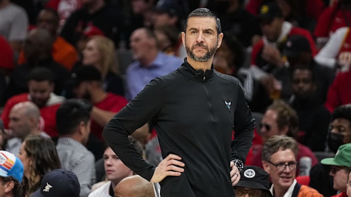 Apr 13, 2022; Atlanta, Georgia, USA; Charlotte Hornets head coach James Borrego on the bench during the game against the Atlanta Hawks during the first half at State Farm Arena. Mandatory Credit: Dale Zanine-Imagn Images
