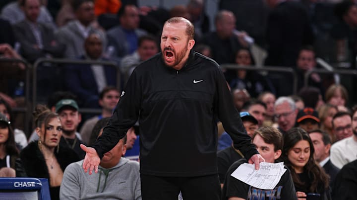 Jan 1, 2025; New York, New York, USA; New York Knicks head coach Tom Thibodeau reacts during the first half against the Utah Jazz at Madison Square Garden. Mandatory Credit: Vincent Carchietta-Imagn Images