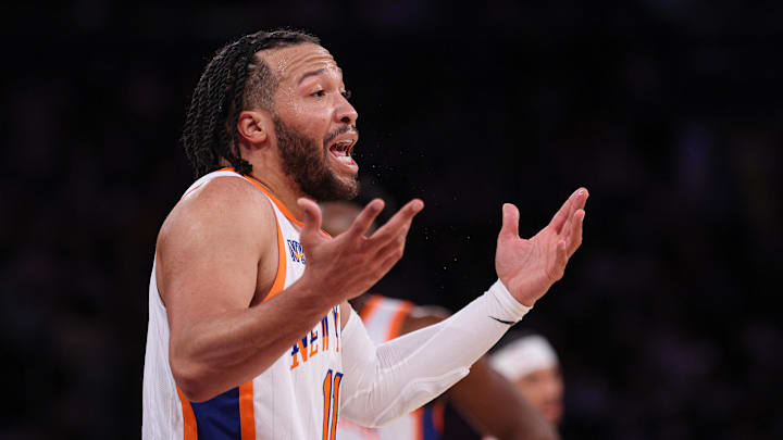 New York Knicks guard Jalen Brunson reacts during the second half against the Phoenix Suns at Madison Square Garden. Mandatory Credit: Vincent Carchietta-Imagn Images