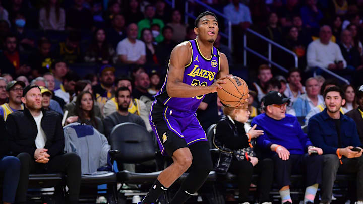 Feb 6, 2025; Los Angeles, California, USA; Los Angeles Lakers forward Rui Hachimura (28) shoots against the Golden State Warriors during the first half at Crypto.com Arena. Mandatory Credit: Gary A. Vasquez-Imagn Images