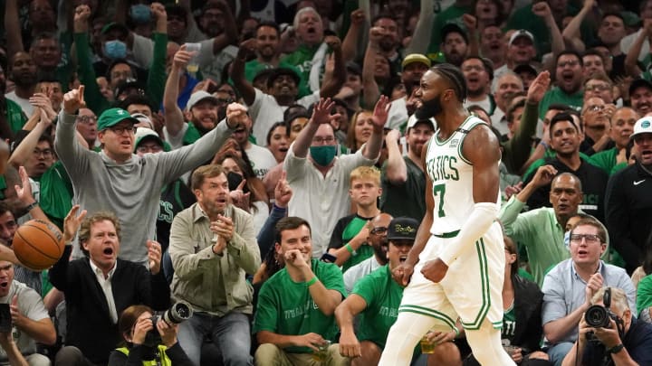 Jun 8, 2022; Boston, Massachusetts, USA; Boston Celtics guard Jaylen Brown (7) reacts after blocking a shot by Golden State Warriors in the fourth quarter during game three of the 2022 NBA Finals at TD Garden. Mandatory Credit: Kyle Terada-USA TODAY Sports