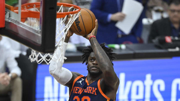 Apr 15, 2023; Cleveland, Ohio, USA; New York Knicks forward Julius Randle (30) shoots against the Cleveland Cavaliers in the fourth quarter of game one of the 2023 NBA playoffs at Rocket Mortgage FieldHouse. Mandatory Credit: David Richard-USA TODAY Sports