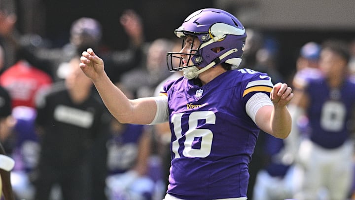 Sep 15, 2024; Minneapolis, Minnesota, USA; Minnesota Vikings place kicker Will Reichard (16) kicks a field goal as punter Ryan Wright (17) looks on during the second quarter against the San Francisco 49ers U.S. Bank Stadium. Sep 15, 2024; Minneapolis, Minnesota, USA; Minnesota Vikings place kicker Will Reichard (16) kicks a field goal as punter Ryan Wright (17) looks on during the second quarter against the San Francisco 49ers U.S. Bank Stadium.