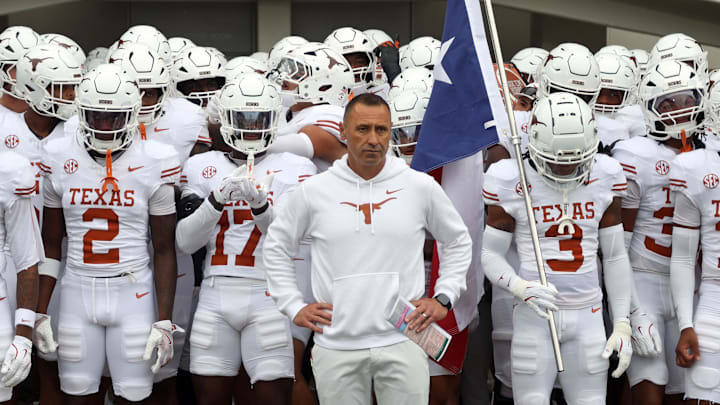 Oct 25, 2025; Starkville, Mississippi, USA;  Texas Longhorns head coach Steve Sarkisian waits to lead his team onto the field prior to the game against the Mississippi State Bulldogs at Davis Wade Stadium at Scott Field. Mandatory Credit: Petre Thomas-Imagn Images
