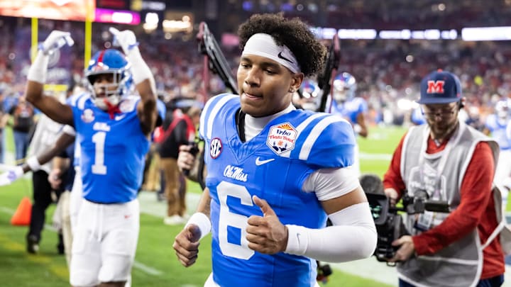 Jan 8, 2026; Glendale, AZ, USA; Mississippi Rebels quarterback Trinidad Chambliss (6) against the Miami Hurricanes during the 2026 Fiesta Bowl and semifinal game of the College Football Playoff at State Farm Stadium. Mandatory Credit: Mark J. Rebilas-Imagn Images
