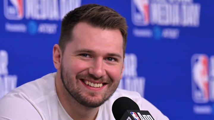 Team World All-Star guard Luka Doncic of the Los Angeles Lakers during a news conference for the NBA All-Star game at Intuit Dome.