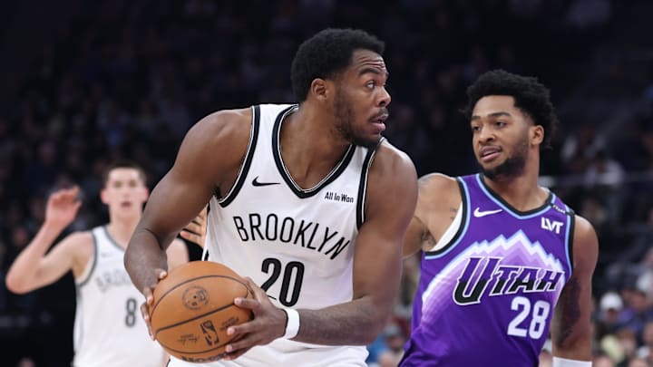 Jan 30, 2026; Salt Lake City, Utah, USA; Brooklyn Nets center Day'ron Sharpe (20) posts up against Utah Jazz forward Brice Sensabaugh (28) during the first half at Delta Center. Mandatory Credit: Rob Gray-Imagn Images Jan 30, 2026; Salt Lake City, Utah, USA; Brooklyn Nets center Day'ron Sharpe (20) posts up against Utah Jazz forward Brice Sensabaugh (28) during the first half at Delta Center. Mandatory Credit: Rob Gray-Imagn Images