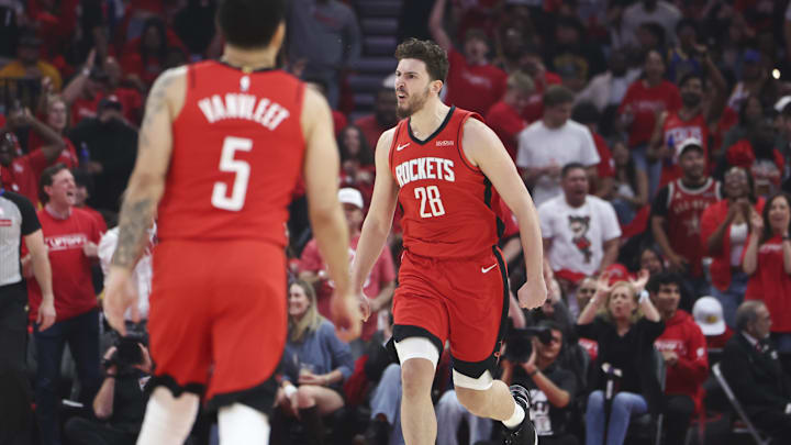 Apr 20, 2025; Houston, Texas, USA; Houston Rockets center Alperen Sengun (28) reacts after making a basket during the first quarter against the Golden State Warriors at Toyota Center. Mandatory Credit: Troy Taormina-Imagn Images