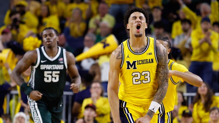 Mar 8, 2026; Ann Arbor, Michigan, USA;  Michigan Wolverines forward Yaxel Lendeborg (23) celebrates in the second half against the Michigan State Spartans at Crisler Center. Mandatory Credit: Rick Osentoski-Imagn Images