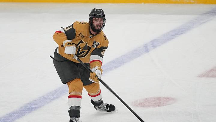 Jun 14, 2026; Las Vegas, Nevada, USA; Vegas Golden Knights defenseman Brayden McNabb (3) controls the puck during the second period against the Vegas Golden Knights in game six of the 2026 Stanley Cup Final at T-Mobile Arena. Mandatory Credit: Lucas Peltier-Imagn Images Jun 14, 2026; Las Vegas, Nevada, USA; Vegas Golden Knights defenseman Brayden McNabb (3) controls the puck during the second period against the Vegas Golden Knights in game six of the 2026 Stanley Cup Final at T-Mobile Arena. Mandatory Credit: Lucas Peltier-Imagn Images