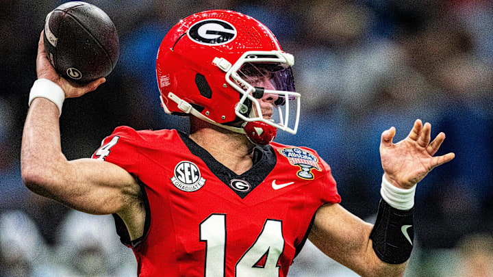 Georgia quarterback Gunner Stockton (14) passes the ball during the Sugar Bowl and College Football Playoff quarterfinals at Caesars Superdome in New Orleans, La., on Thursday, Jan. 1, 2026. Ole Miss defeated Georgia 39-34.