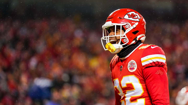 Jan 21, 2023; Kansas City, Missouri, USA; Kansas City Chiefs safety Juan Thornhill (22) celebrates during the second half of an AFC divisional round game against the Jacksonville Jaguars at GEHA Field at Arrowhead Stadium. Mandatory Credit: Jay Biggerstaff-Imagn Images