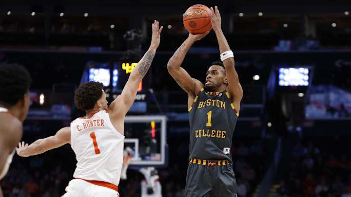 Mar 13, 2024; Washington, D.C., USA; Boston College Eagles guard Claudell Harris Jr. (1) shoots the