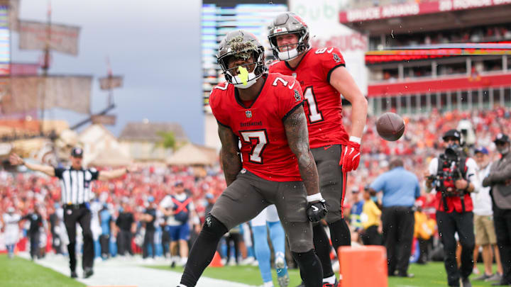 Tampa Bay Buccaneers running back Bucky Irving celebrates after scoring a touchdown.