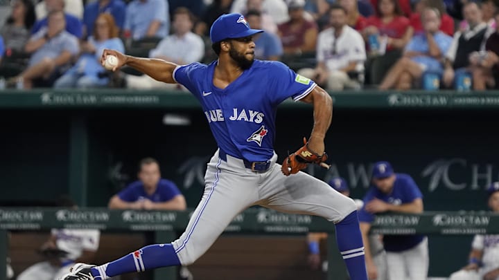 Toronto Blue Jays Dillon Tate (33) throws to the plate during the sixth inning against the Texas Rangers at Globe Life Field in 2024.