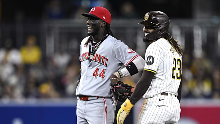 Apr 30, 2024; San Diego, California, USA; Cincinnati Reds shortstop Elly De La Cruz (44) and San Diego Padres right fielder Fernando Tatis Jr. (23) laugh during the sixth inning at Petco Park. Mandatory Credit: Orlando Ramirez-USA TODAY Sports Apr 30, 2024; San Diego, California, USA; Cincinnati Reds shortstop Elly De La Cruz (44) and San Diego Padres right fielder Fernando Tatis Jr. (23) laugh during the sixth inning at Petco Park. Mandatory Credit: Orlando Ramirez-USA TODAY Sports