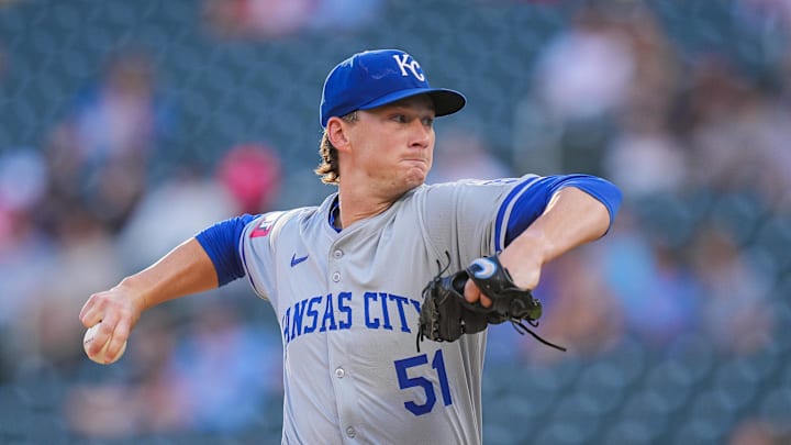 Aug 12, 2024; Minneapolis, Minnesota, USA; Kansas City Royals pitcher Brady Singer (51) pitches against the Minnesota Twins in the first inning at Target Field. Mandatory Credit: Brad Rempel-Imagn Images
