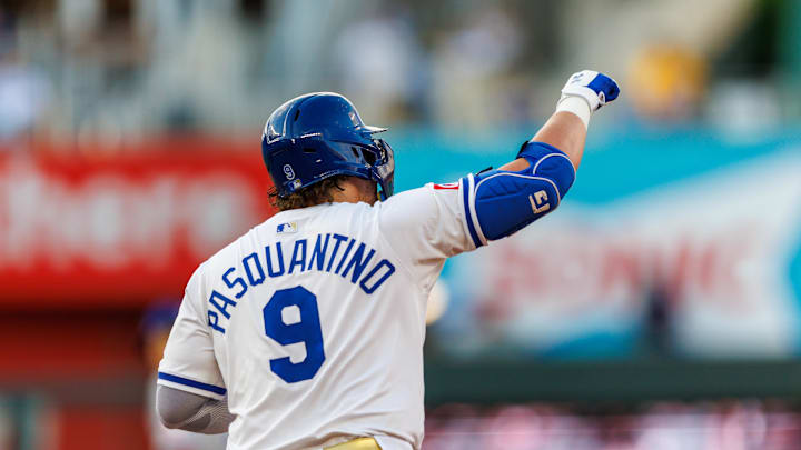Aug 20, 2025; Kansas City, Missouri, USA;  Kansas City Royals first base Vinnie Pasquantino (9) rounds the bases after hitting a home run during the first inning against the Texas Rangers at Kauffman Stadium. Mandatory Credit: William Purnell-Imagn Images