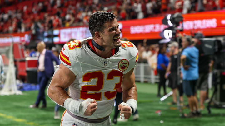 Sep 22, 2024; Atlanta, Georgia, USA; Kansas City Chiefs linebacker Drue Tranquill (23) celebrates after a victory over the Atlanta Falcons at Mercedes-Benz Stadium. Mandatory Credit: Brett Davis-Imagn Images