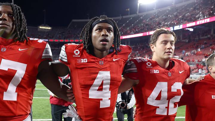 Oct 10, 2026; Columbus, Ohio, USA; Ohio State Buckeyes wide receiver Jeremiah Smith (4) celebrates after the game against the Maryland Terrapins at Ohio Stadium. Mandatory Credit: Joseph Maiorana-Imagn Images Oct 10, 2026; Columbus, Ohio, USA; Ohio State Buckeyes wide receiver Jeremiah Smith (4) celebrates after the game against the Maryland Terrapins at Ohio Stadium. Mandatory Credit: Joseph Maiorana-Imagn Images