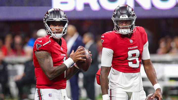 Aug 14, 2026; Atlanta, Georgia, USA; Atlanta Falcons quarterback Tua Tagovailoa (1) and quarterback Michael Penix Jr. (9) warm up before a game against the Denver Broncos at Mercedes-Benz Stadium. Mandatory Credit: Brett Davis-Imagn Images Aug 14, 2026; Atlanta, Georgia, USA; Atlanta Falcons quarterback Tua Tagovailoa (1) and quarterback Michael Penix Jr. (9) warm up before a game against the Denver Broncos at Mercedes-Benz Stadium. Mandatory Credit: Brett Davis-Imagn Images
