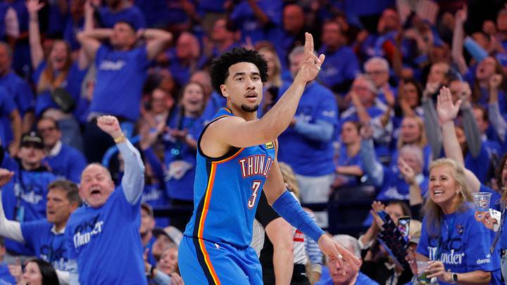 May 5, 2026; Oklahoma City, Oklahoma, USA; Oklahoma City Thunder guard Jared McCain (3) gestures after scoring a three point basket against the Los Angeles Lakers in the second half during game one of the second round of the 2026 NBA Playoffs at Paycom Center. Mandatory Credit: Alonzo Adams-Imagn Images May 5, 2026; Oklahoma City, Oklahoma, USA; Oklahoma City Thunder guard Jared McCain (3) gestures after scoring a three point basket against the Los Angeles Lakers in the second half during game one of the second round of the 2026 NBA Playoffs at Paycom Center. Mandatory Credit: Alonzo Adams-Imagn Images