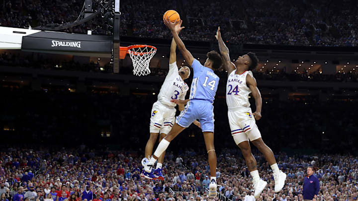 Kansas vs Noorth Carolina - 2022 National Championship game - Dajuan Harris Jr. (3), Puff Johnson (14), KJ Adams (24) Kansas vs Noorth Carolina - 2022 National Championship game - Dajuan Harris Jr. (3), Puff Johnson (14), KJ Adams (24)