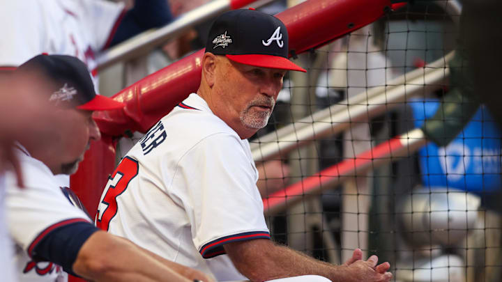 Jun 19, 2025; Atlanta, Georgia, USA; Atlanta Braves manager Brian Snitker (43) in the dugout against the New York Mets in the fifth inning at Truist Park. Mandatory Credit: Brett Davis-Imagn Images
