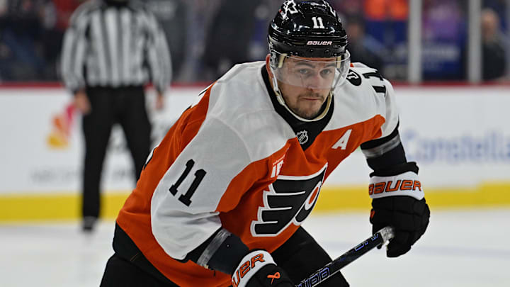 Dec 22, 2025; Philadelphia, Pennsylvania, USA; Philadelphia Flyers right wing Travis Konecny (11) against the Vancouver Canucks at Xfinity Mobile Arena. Mandatory Credit: Eric Hartline-Imagn Images