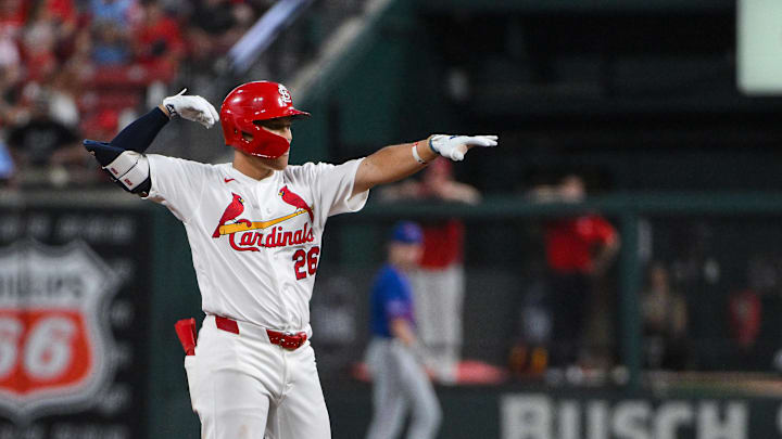 Mar 31, 2026; St. Louis, Missouri, USA; St. Louis Cardinals second baseman JJ Wetherholt (26) reacts after hitting a single against the New York Mets during the third inning at Busch Stadium. Mandatory Credit: Jeff Curry-Imagn Images