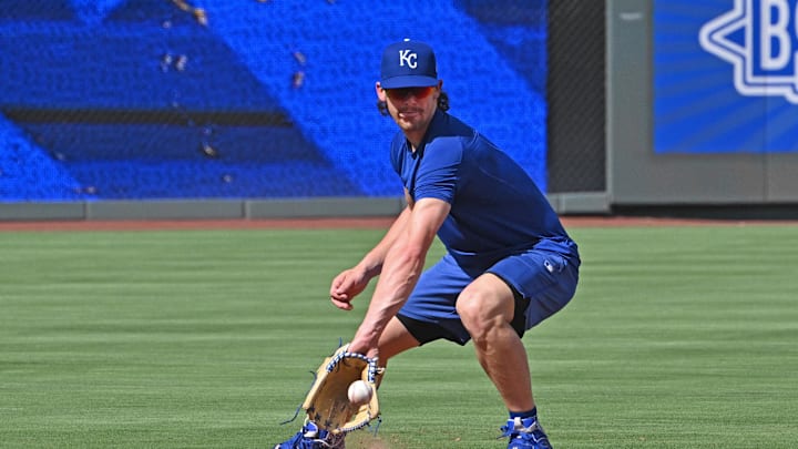 Jun 24, 2025; Kansas City, Missouri, USA;  Kansas City Royals shortstop Bobby Witt Jr. (7) takes fielding practice before a game against the Tampa Bay Rays at Kauffman Stadium. Mandatory Credit: Peter Aiken-Imagn Images