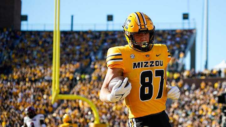 Oct 21, 2023; Columbia, Missouri, USA; Missouri Tigers tight end Brett Norfleet (87) catches a pass during the first half against the South Carolina Gamecocks at Faurot Field at Memorial Stadium. Mandatory Credit: Jay Biggerstaff-Imagn Images