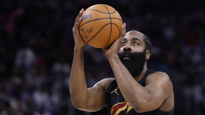 May 7, 2026; Detroit, Michigan, USA; Cleveland Cavaliers guard James Harden (1) shoots in the first half against the Detroit Pistons during game two of the second round of the 2026 NBA Playoffs at Little Caesars Arena. Mandatory Credit: Rick Osentoski-Imagn Images