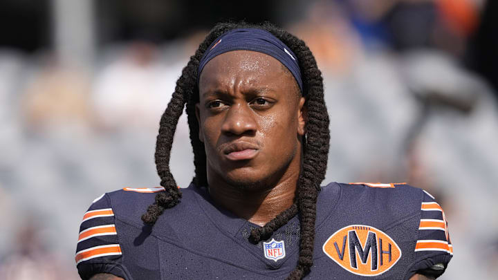 Sep 21, 2025; Chicago, Illinois, USA; Chicago Bears middle linebacker Tremaine Edmunds (49) before the game against the Dallas Cowboys at Soldier Field. Mandatory Credit: David Banks-Imagn Images