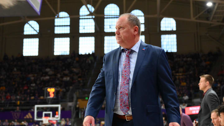 Feb 28, 2026; Seattle, Washington, USA; Wisconsin Badgers head coach Greg Gard during the first half between the Washington Huskies and the Wisconsin Badgers at Alaska Airlines Arena at Hec Edmundson Pavilion. Mandatory Credit: Steven Bisig-Imagn Images
