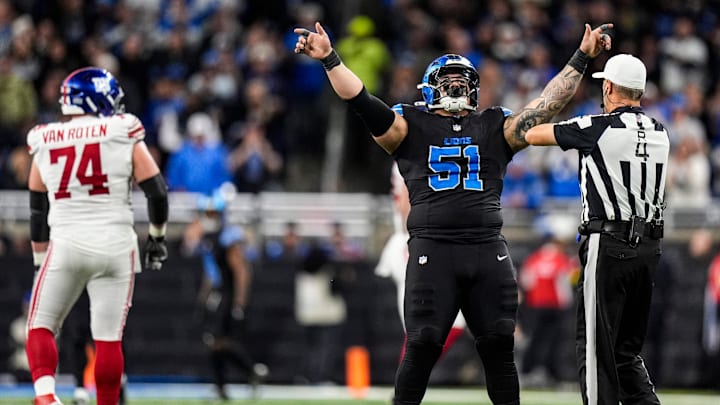 Detroit Lions defensive tackle Roy Lopez (51) celebrates a play against New York Giants during the second half at Ford Field in Detroit on Sunday, Nov. 23, 2025. Detroit Lions defensive tackle Roy Lopez (51) celebrates a play against New York Giants during the second half at Ford Field in Detroit on Sunday, Nov. 23, 2025.