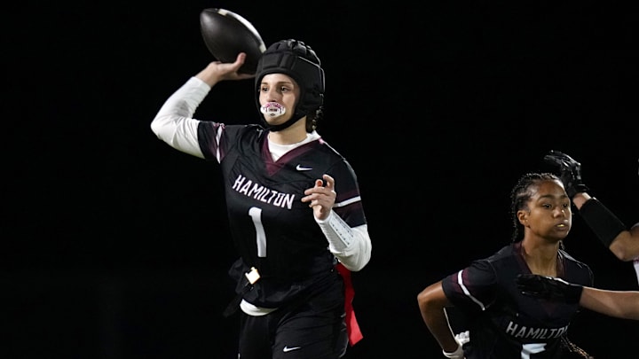 Hamilton quarterback Marlie Phillips (1) throws the ball against the Red Mountain during the 6A AIA Flag Football Championship game at Corona del Sol High School in Tempe, Arizona on Nov. 24.