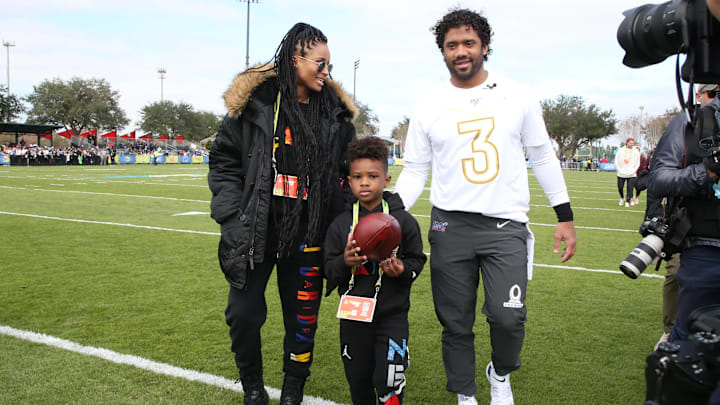 Jan 22, 2020; Seattle Seahawks quarterback Russell Wilson with his wife Ciara and son Future during NFC Pro Bowl practice in Kissimmee, Fla.