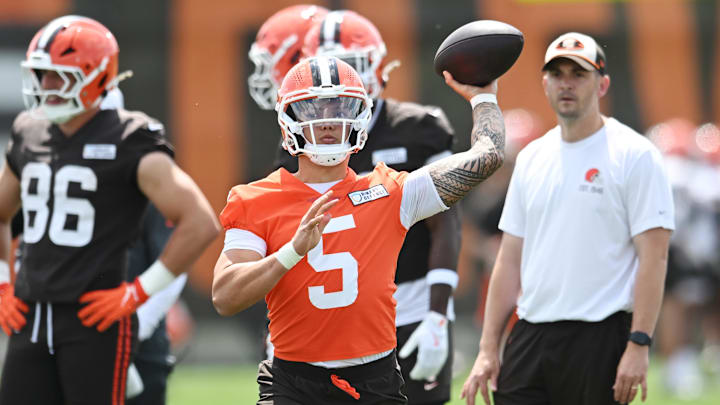 Jun 10, 2025; Berea, OH, USA; Cleveland Browns quarterback Dillon Gabriel (5) throws a pass during minicamp at CrossCountry Mortgage Campus. Mandatory Credit: Ken Blaze-Imagn Images