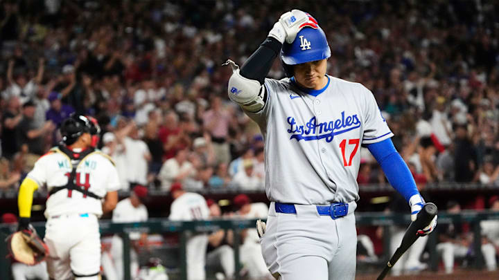 Los Angeles Dodgers Shohei Ohtani reacts after striking out against the Arizona Diamondbacks in the seventh inning at Chase Field in Phoenix, on May 8, 2025.