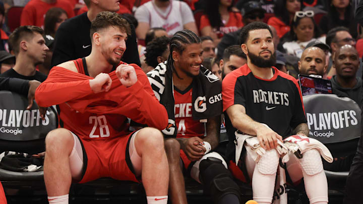 Houston Rockets center Alperen Sengun, guard Jalen Green and guard Fred VanVleet. Houston Rockets center Alperen Sengun, guard Jalen Green and guard Fred VanVleet.