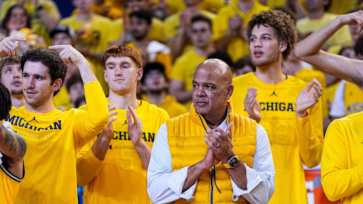 Michigan athletic director Warde Manuel watches senior day celebration after 90-80 win over Michigan State at Crisler Center in Ann Arbor on Sunday, March 8, 2026. Michigan athletic director Warde Manuel watches senior day celebration after 90-80 win over Michigan State at Crisler Center in Ann Arbor on Sunday, March 8, 2026.