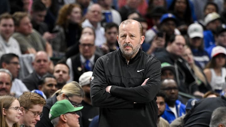 Nov 27, 2024; Dallas, Texas, USA; New York Knicks head coach Tom Thibodeau during the game between the Dallas Mavericks and the New York Knicks at the American Airlines Center. Mandatory Credit: Jerome Miron-Imagn Images