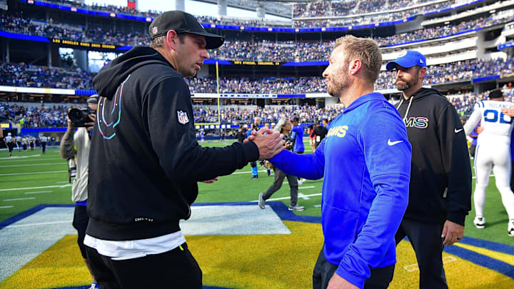 Sep 28, 2025; Inglewood, California, USA; Indianapolis Colts head coach Shane Steichen meets with Los Angeles Rams head coach Sean McVay following the game at SoFi Stadium. Mandatory Credit: Gary A. Vasquez-Imagn Images Sep 28, 2025; Inglewood, California, USA; Indianapolis Colts head coach Shane Steichen meets with Los Angeles Rams head coach Sean McVay following the game at SoFi Stadium. Mandatory Credit: Gary A. Vasquez-Imagn Images