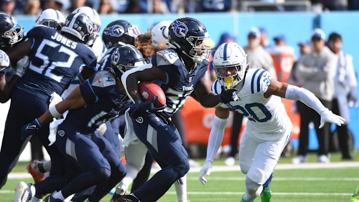 Dec 3, 2023; Nashville, Tennessee, USA; Tennessee Titans running back Tyjae Spears (32) returns the