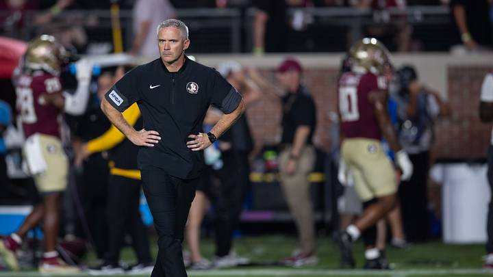 Florida State football coach Mike Norvell stands on the field during warmups before his team faced SMU at Doak Campbell Stadium on Monday, Sept. 7, 2026. Florida State football coach Mike Norvell stands on the field during warmups before his team faced SMU at Doak Campbell Stadium on Monday, Sept. 7, 2026.