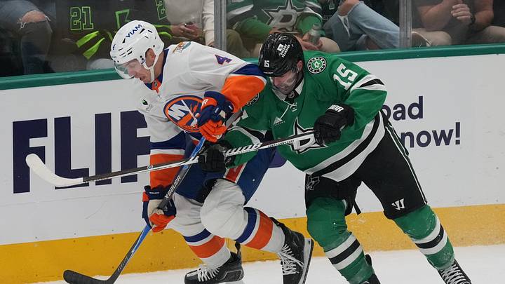 Oct 25, 2026; Dallas, Texas, USA; New York Islanders defenseman Matthew Kessel (4) controls the puck in front of Dallas Stars center Colin Blackwell (15) during the third period at American Airlines Center. Mandatory Credit: Raymond Carlin III-Imagn Images Oct 25, 2026; Dallas, Texas, USA; New York Islanders defenseman Matthew Kessel (4) controls the puck in front of Dallas Stars center Colin Blackwell (15) during the third period at American Airlines Center. Mandatory Credit: Raymond Carlin III-Imagn Images