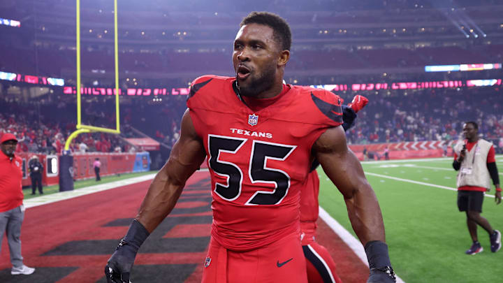 Nov 20, 2025; Houston, Texas, USA; Houston Texans defensive end Danielle Hunter (55) celebrates after defeating the Buffalo Bills at NRG Stadium. Mandatory Credit: Troy Taormina-Imagn Images