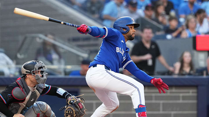 Sep 29, 2024; Toronto, Ontario, CAN; Toronto Blue Jays right fielder Steward Berroa (37) hits a single against the Miami Marlins during the seventh inning at Rogers Centre. Mandatory Credit: Nick Turchiaro-Imagn Images